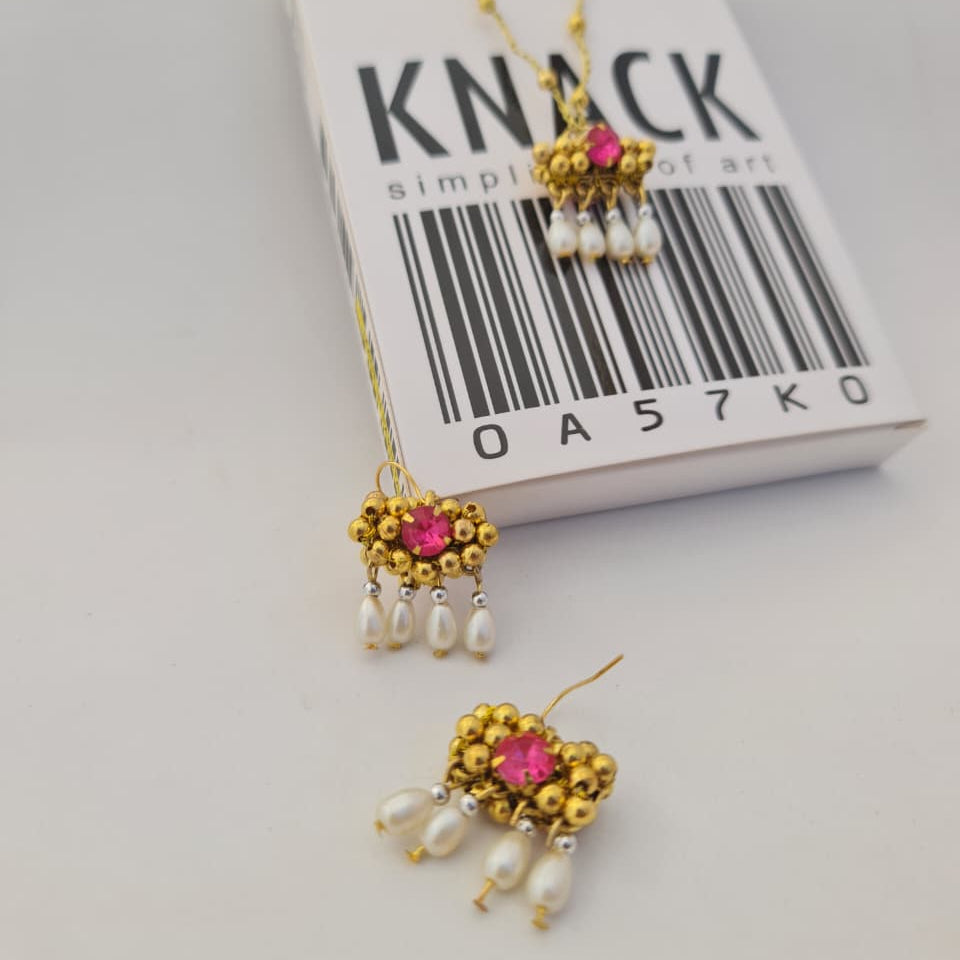 Gold earrings with pink stones and pearl-like beads on a KNACK branded box.